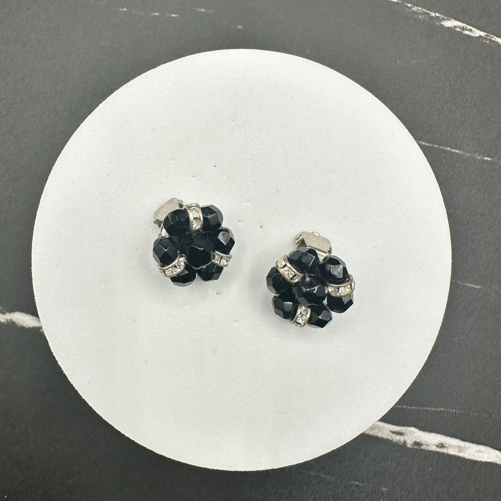 Vintage Black Bead Cluster Clip On Earrings Silver Tone Rhinestone Spacer Womens - Picture 3 of 10